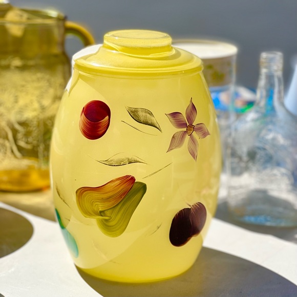 BARTLETT COLLINS Cookie Jar Yellow Glass with Fruits & Flowers Made in USA 1960s - Picture 4 of 7